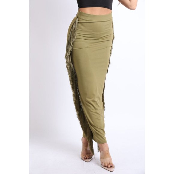 Women's Sexy Fringe Maxi Bodycon Midi Pencil Skirt High Waisted Tassels Side - Picture 4 of 8